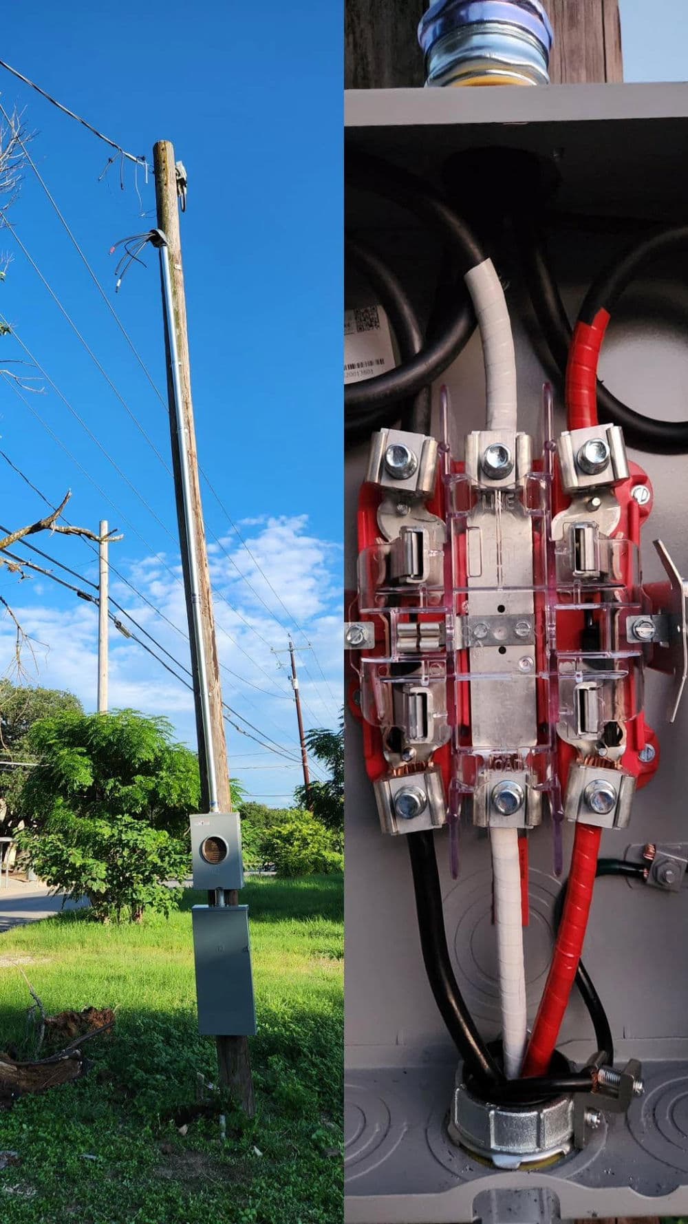 Utility pole with electrical box and internal wiring details under clear blue sky.